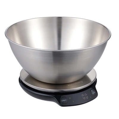 Klausberg Кухненска везна с купа Klausberg KB 7939, 5 Kg, Bluetooth, Мобилно приложение, LED, ТАРА, Течности, 4 хранителни стойности, Инокс