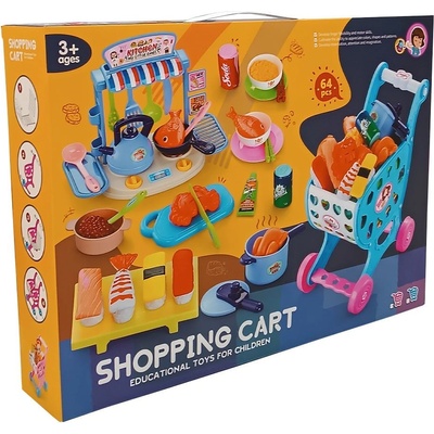 Raya Toys Игрален комплект Raya Toys - Пазарска количка с кухня, 64 части, синя (506122327)