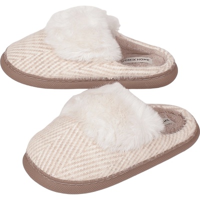 Дамски домашни пантофи в млечно бяло и кафяво с пух