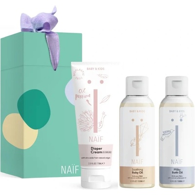 Naif Baby & Kids krém proti opruzeninám pro dětskou pokožku 75 ml + mléčný koupelový olej pro děti od narození 100 ml + zklidňující olej pro děti 100 ml dárková sada