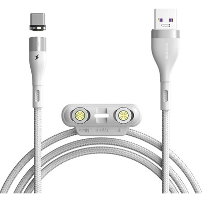 Кабел с магнитни конектори за Apple продукти с Lightning, microUSB и USB-C (100 см) - Baseus Zinc Magnetic Safe Fast Charging Data Cable (CA1T3-B02) (бял) (CA1T3-B02)