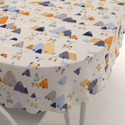 Biante bavlna oválny obrus Sandra SA-613 Modro-oranžové lesné zvieratká na bledo sivom 120x140 cm