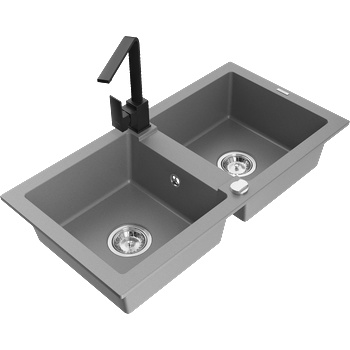 Mexen Mario гранитна мивка с два басейна и кухненски смесител Rita, сив - 6504-71-670300-70 (6504-71-670300-70)
