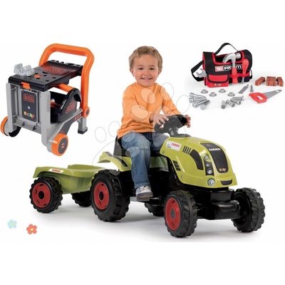 Smoby set traktor Claas Farmer XL na šlapání s přívěsem Smoby a pracovní dílna Black&Decker 3v1 s elektronickou vrtačkou