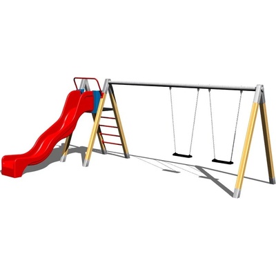 Playground System Řetězová dvojhoupačka se skluzavkou dřevěná - B (vp 1,5 m)