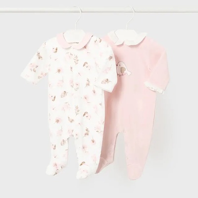 Mayoral Комплект 2 пижами плюш за новородено момиче в розово и бяло с птички и цветя Майорал