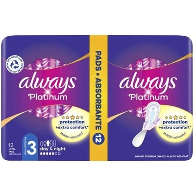 Always Platinum Day & Night hygienické vložky s křidélky a jemnou vůní vhodné na den i noc pro ženy hygienická vložka s křidélky 12 ks
