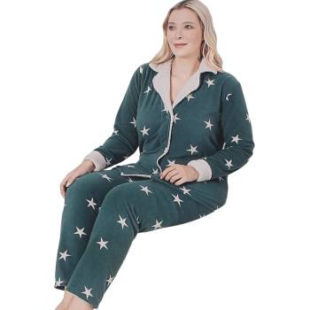 Image 1 of Макси поларена пижама в зелено със звезди и копчета