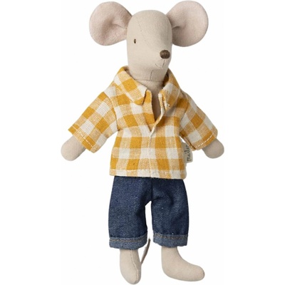 Maileg Myšák v kostkované košili Dad Mouse žlutá barva textil