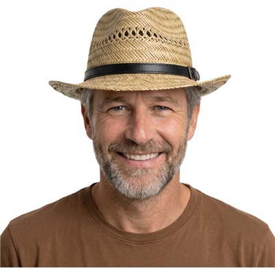Slaměný klobouk s hnědým koženým páskem Fedora