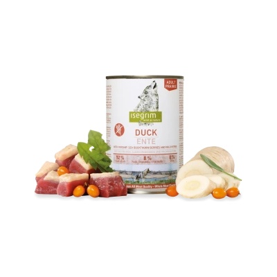 isegrim - Висококачествена консервирана храна за израснали кучета с месо от патица, пащърнак и билки, 800 гр