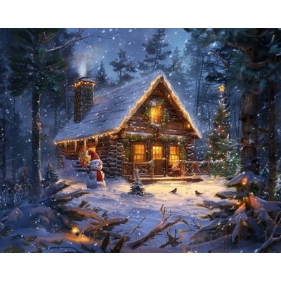 ZUTY Obrazy na stenu - SNEHULIAK, VIANOČNÝ STROM A CHATA S VIANOČNÝMI SVETIELKAMI Rámovanie: vypnuté plátno na rám, Rozmer: 40x50 cm