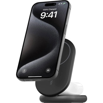 Belkin BoostCharge 2-in-1 Foldable Qi2 Magnetic Wireless Charging Stand - двойна поставка (пад) за безжично зареждане за iPhone с Magsafe и AirPods (черен)