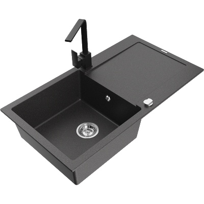 Mexen Leo кухненска мивка от гранит с 1 отделение с ръб и кухненски смесител Rita, черен на пръски - 6501-76-670300-70 (6501-76-670300-70)