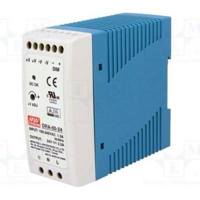 MEAN WELL DRA-60-24 Napájecí zdroj: spínaný; na lištu DIN; 60W; 24VDC; 2,5A; 90÷264VAC