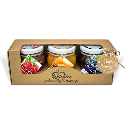 Sklenice plná ovoce Dárek Veselé Vánoc- 3 džemy slazených cukrem 630 g červený rybíz jahoda malina