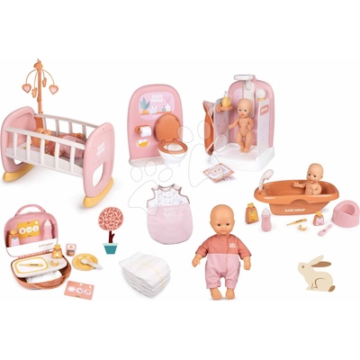Smoby Set v dupačkách v kúpeľni pred spánkom Doll Baby Nurse so záchodom a funkčnou sprchou s kufríkom a kolískou