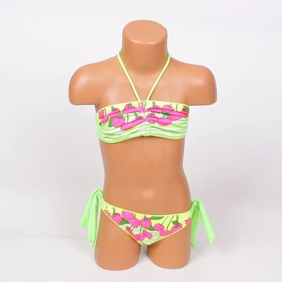 Детски бански в неоново-зелено и жълто с черешки