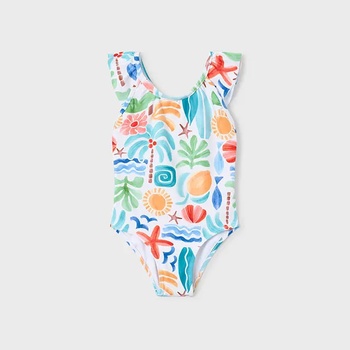 MAYORAL Бял цял бански за мини момиче с многоцветни щампи Mayoral