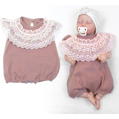 Baby Nellys Body s nohavičkami mušelín s krajkou BOHO hnědorůžová