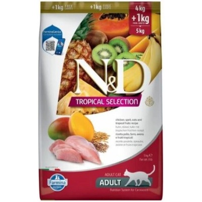 N&D Cat Grain Free Tropical Selection Adult Chicken and Tropical fruits - Пълноценна суха храна за котки над 1 година с пилешко месо, спелта, овес и тропически плодове - 4+1 кг