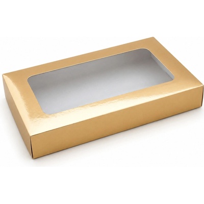 Zlatá krabička s průhledným okénkem a nepromastitelným dnem 25 x 15 x 3,7 cm na 0,5 kg cukroví
