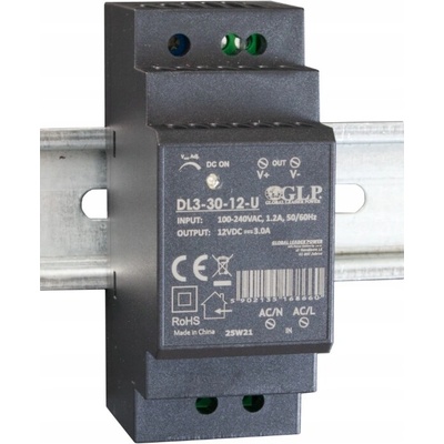 DL3-30-12-U: GLP: 12V/3A/36W Napájecí zdroj na DIN lištu, plastové pouzdro, Vstupní napětí = 90-264VAC