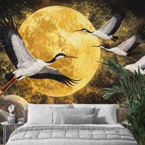 Art Gift Decor Фототапет Жерави пред златна луна - арт дизайн