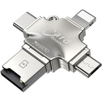 YESIDO Четец на карти MicroSD + USB адаптер, Type-C, Lightning, Micro-USB - Yesido (GS13) - Сребрист