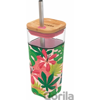 Quokka Sklenený cestovný hrnček so slamkou Liquid Cube Pink Jungle Flora 540 ml