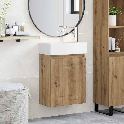 vidaXL Мивка за баня със смесител Дъб артизан 45, 5 x 22, 5 x 84 см (889480)