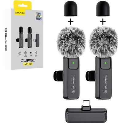 Blavec Комплект от 2 броя безжични микрофони тип брошка за мобилни устройства - Blavec ClipGo Lavalier Wireless Microphones 2 Pack (MK-01) (черен) (LMMK01-B)