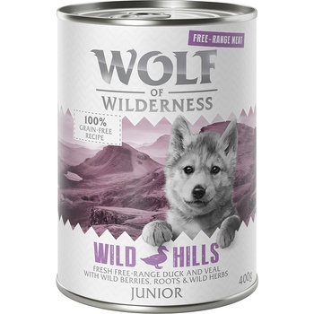 Wolf of Wilderness 6x400г JuniorWild Hills Free-Range Meat Wolf of Wilderness, консерв. храна за кучета - патешко и теле