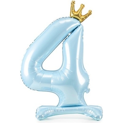 PartyDeco BALÓNEK fóliový Stojací číslo 4 s korunkou světle modrý 84 cm