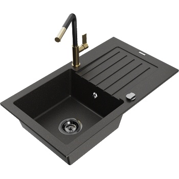 Mexen Pablo гранитна мивка с 1 отделение с отцеждач и кухненски смесител Flora, черно/златист металик - 6510-75-670401-57-B (6510-75-670401-57-B)