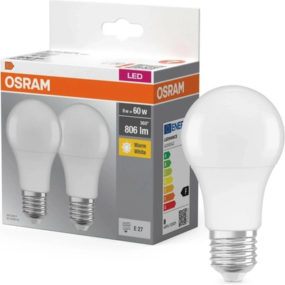 Osram sada 2x LED žárovka E27, A60, 8,5W, 806lm, 2700K, teplá bílá