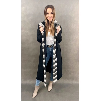 Max Original Leather Vlnený kabát s pravou kožušinou zajaca-rexa L447 black činčila Black