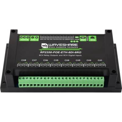 Priemyselný 8-kanálový reléový modul Waveshare RP2350 (PoE, ETH, RS485)
