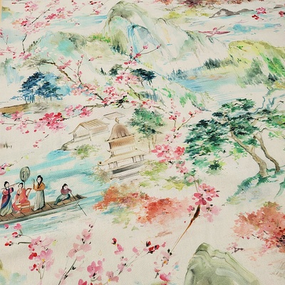 Dekoračná látka MIDORI Japonská krajina šírka 140 cm