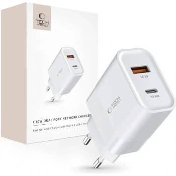 Tech-Protect Адаптер Tech-Protect C30W, USB-C PD 30W / USB-A QC 3.0, бял