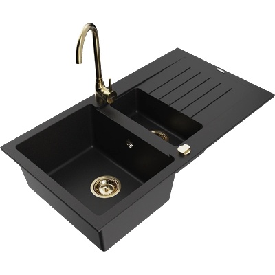 Mexen Matias гранитна мивка 1, 5-коморна с отцеждач и кухненски смесител Telma, черен - 6502-77-670200-50 (6502-77-670200-50)
