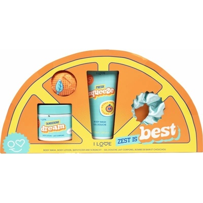 I Love Zest is Best koupelová bomba 50 g + sprchový gel 100 ml + tělové mléko 150 ml + gumička do vlasů 1 ks