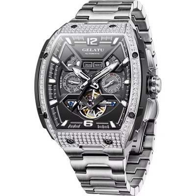 Gelatu Мъжки часовник GELATU Luxury Skeleton, Автоматичен, Неръждаема стомана, Сребрист (GELATU-6016-STEEL-SILVER)