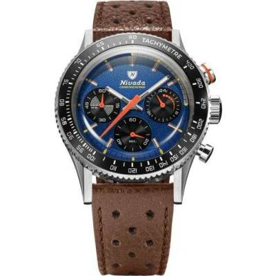 Nivada Grenchen Chronoking Meca Racing Blue - Inter. Bezel - Brown Racing Strap