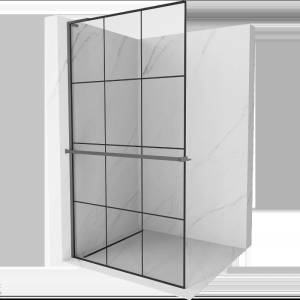 Mexen Kioto+ L Душ параван със стена и рафт Walk-in 110 x 200 см, черна решетка, gun metal - 800-110-123-95-77 (800-110-123-95-77)