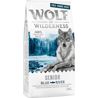 Wolf of Wilderness Senior Blue River kuracie z voľného chovu a losos 2 x 12 kg