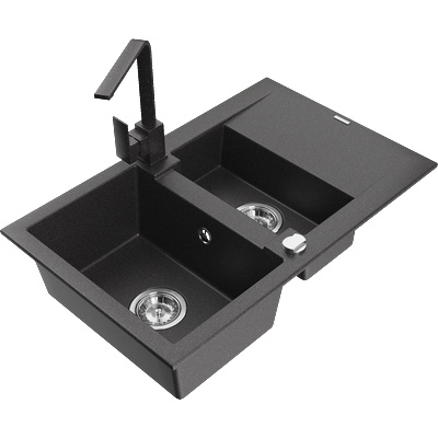 Mexen Gaspar: гранитна мивка с 1, 5 камери, с отцедник и кухненски смесител Rita, черен на пръски - 6507-76-670300-76 (6507-76-670300-76)