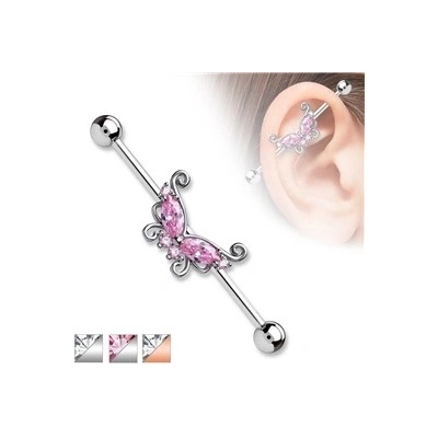 Piercingate Industrial piercing s motýlek a kamínky PIN00054 čirá