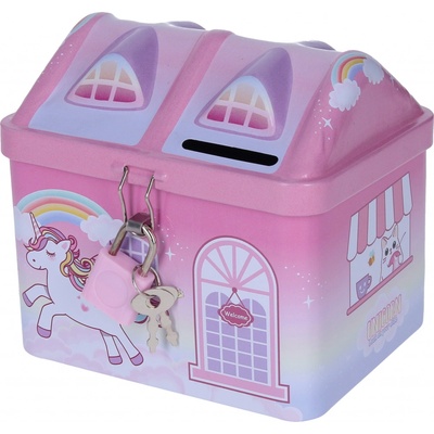 Pokladnička domeček jednorožec plechová se zámkem 11x9cm růžová – Zboží Mobilmania