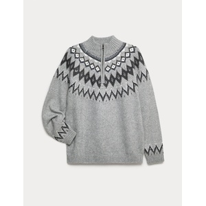 Marks & Spencer Пуловер с полузип и Fair Isle мотив (2-16 години) Marks & Spencer сива Marks & Spencer | Siv | Момчешки | 13-14